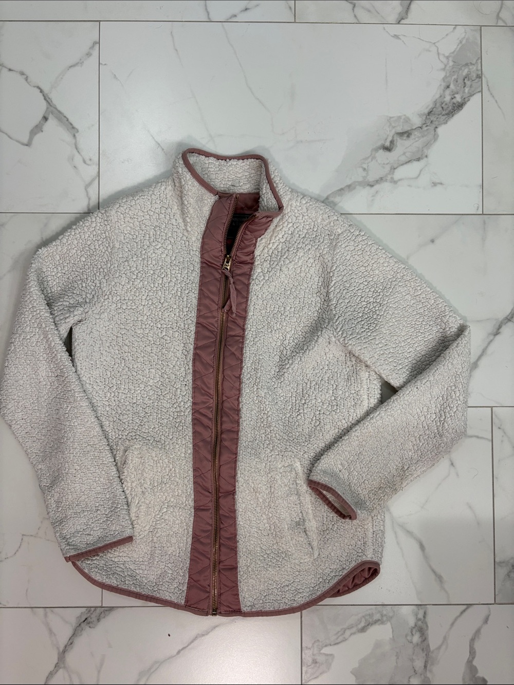 Abercrombie & Fitch Cream Sherpa Jacket with Mauve Trim